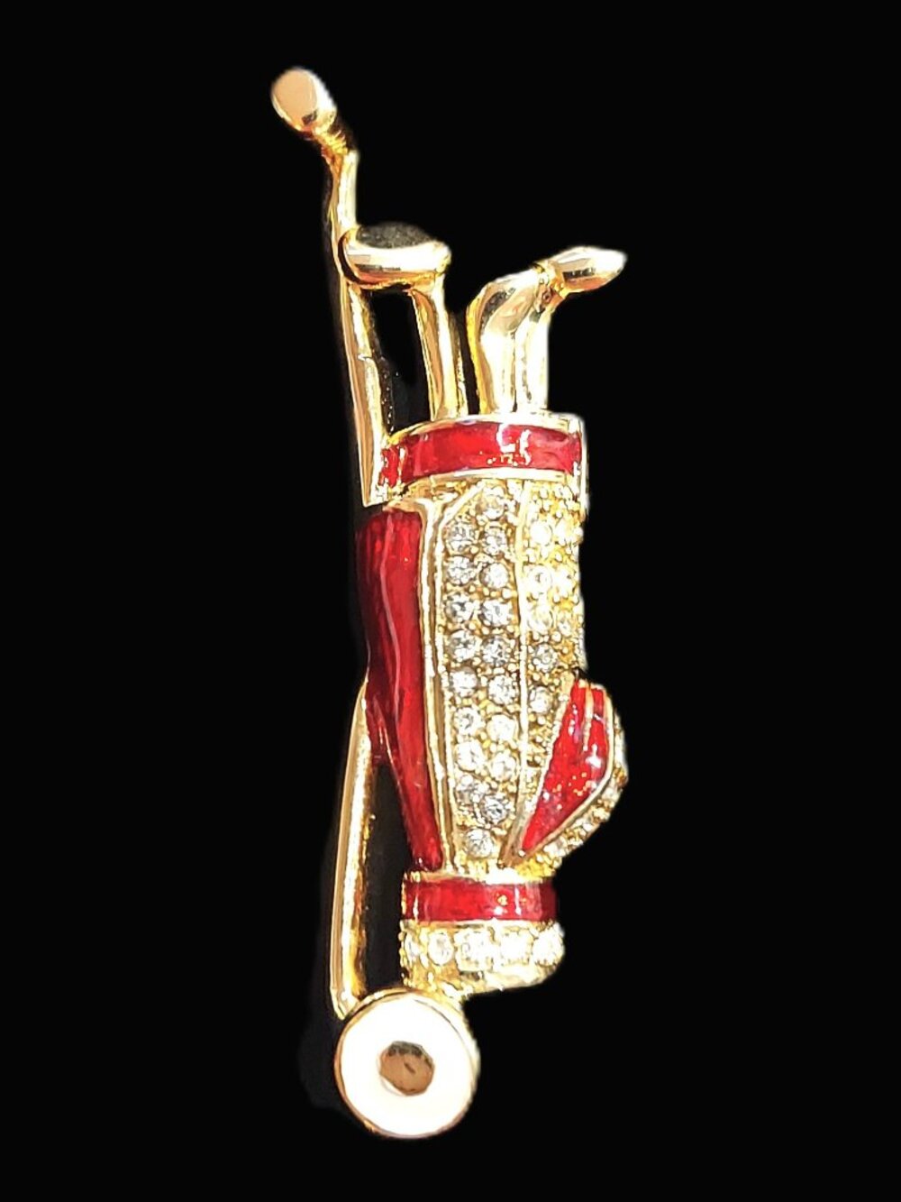 New GOLF Bag Pin Brooch Red, Gold & Sparkly Rhinestones